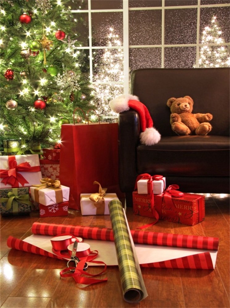 Leowefowa 5X7FT Christmas Photo Backdrop - Xmas Tree with Gifts, Bear & Shining Lights Vinyl Background for Holiday Decor, Studio Photography, Kids & Adults (Ideal for Sofa, Wood Floor & Interior Scenes)