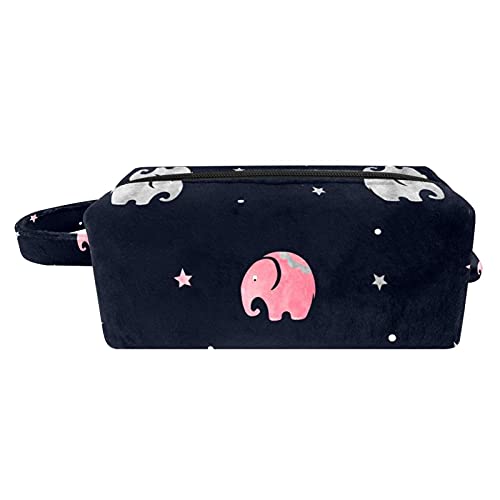 imobaby Pink & Grey Elephant Print Navy Cosmetic Bag - Large Zippered Travel Toiletry Organizer Pouch with Handle for Makeup, Skincare & Essentials | Perfect for Vacation, Gym & Daily Use