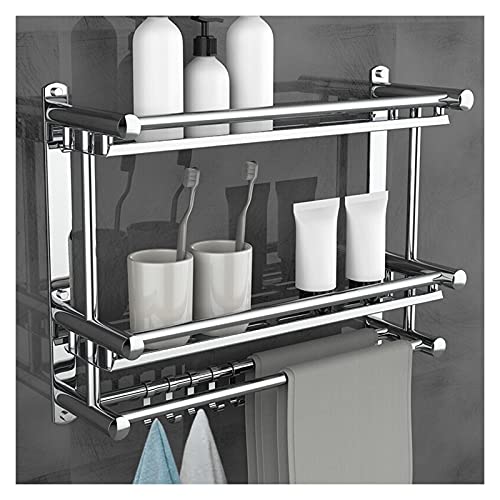2-Tier Floating Wall Shelf with Towel Hooks - Polished 304 Stainless Steel Bathroom Organizer - Space-Saving Over The Toilet Storage for Towels, Toiletries & Decor