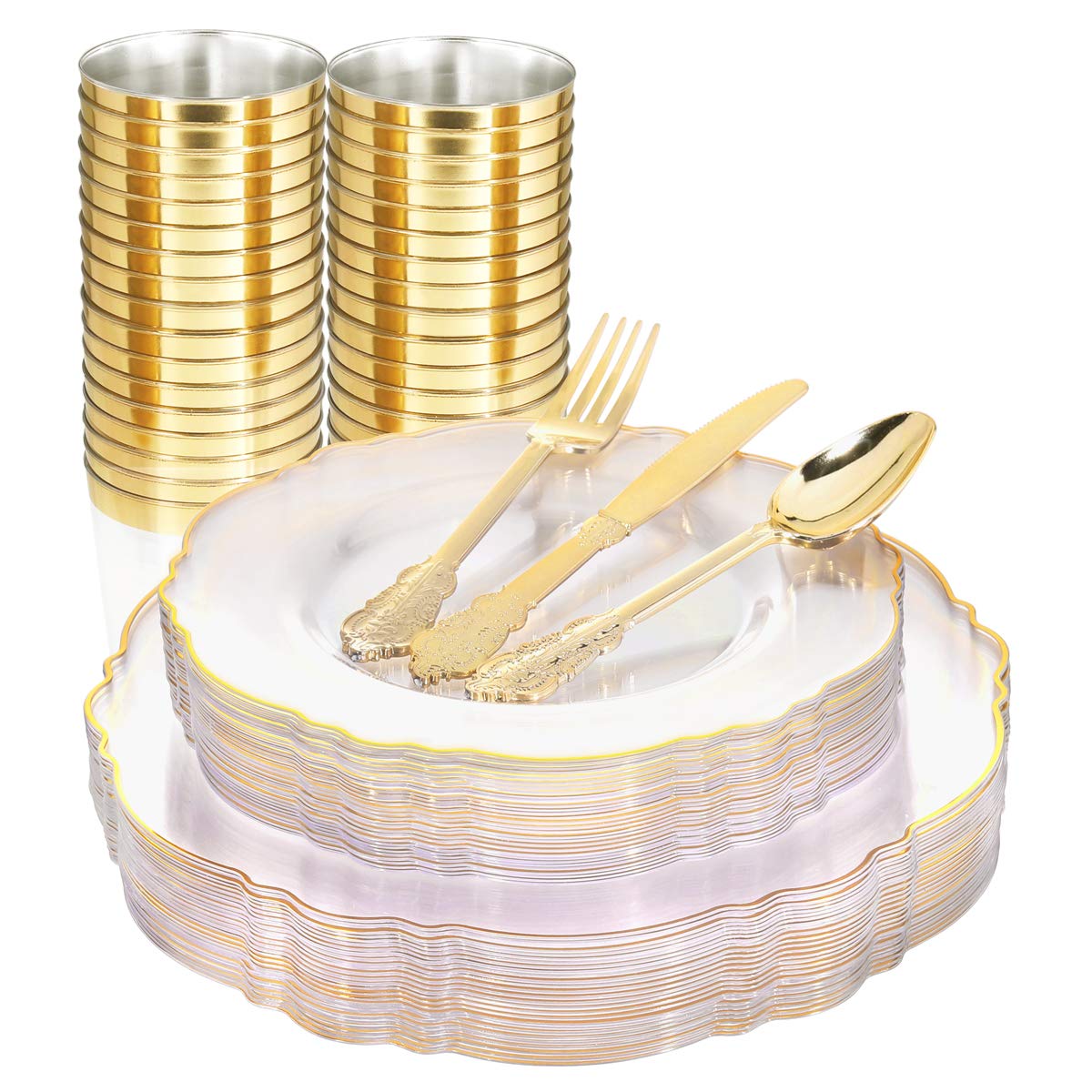 Premium 30-Piece Clear & Gold Plastic Dinnerware Set - Includes 30 Dinner Plates, Salad Plates, Forks, Knives, Spoons & Cups - Elegant Disposable Tableware for Weddings, Parties, Catering & Special Events
