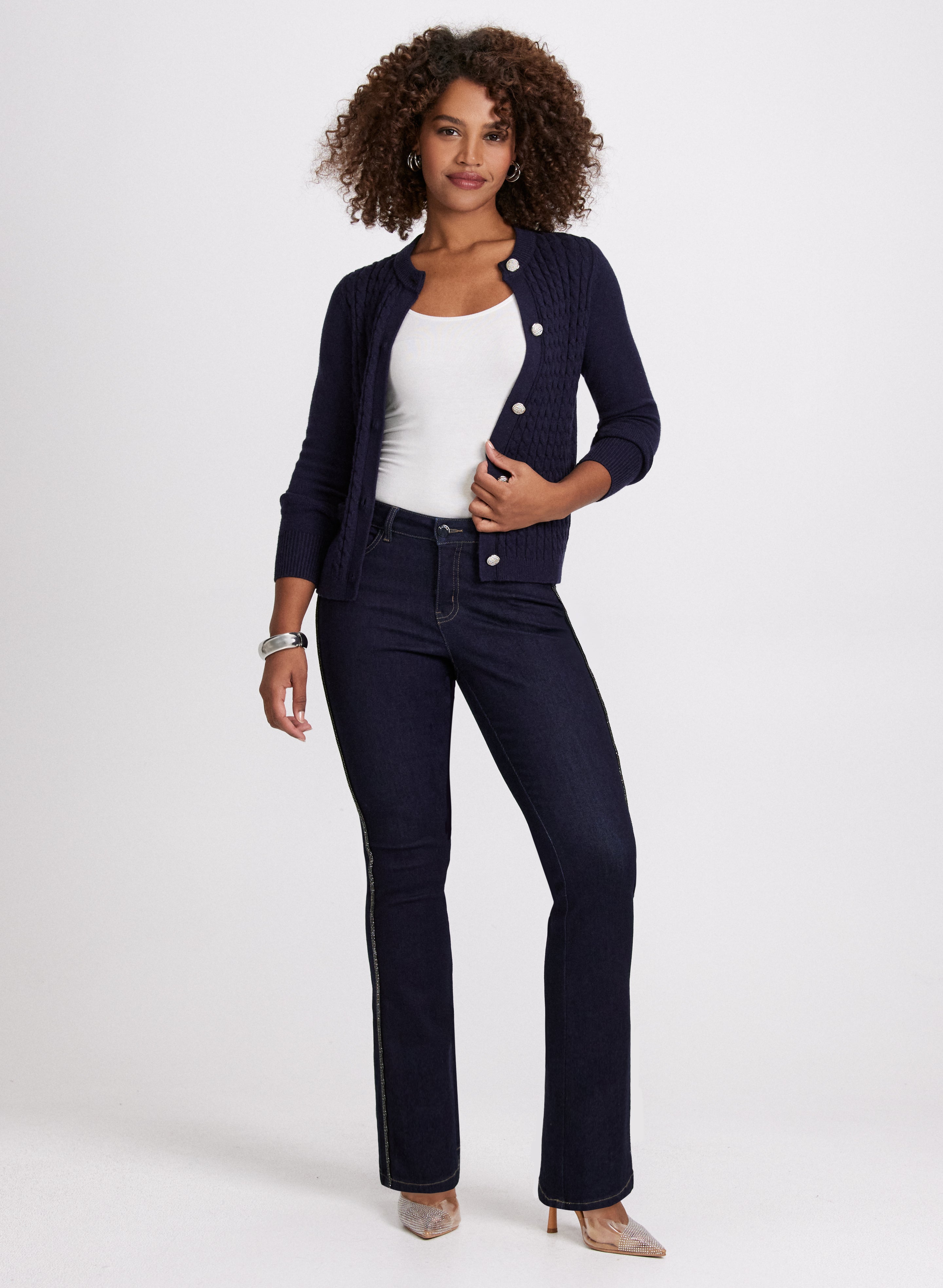 Cozy Cable Knit Cardigan & Stylish Beaded Flare Leg Jeans Set for Women - Perfect for Fall Layering and Casual Outfits