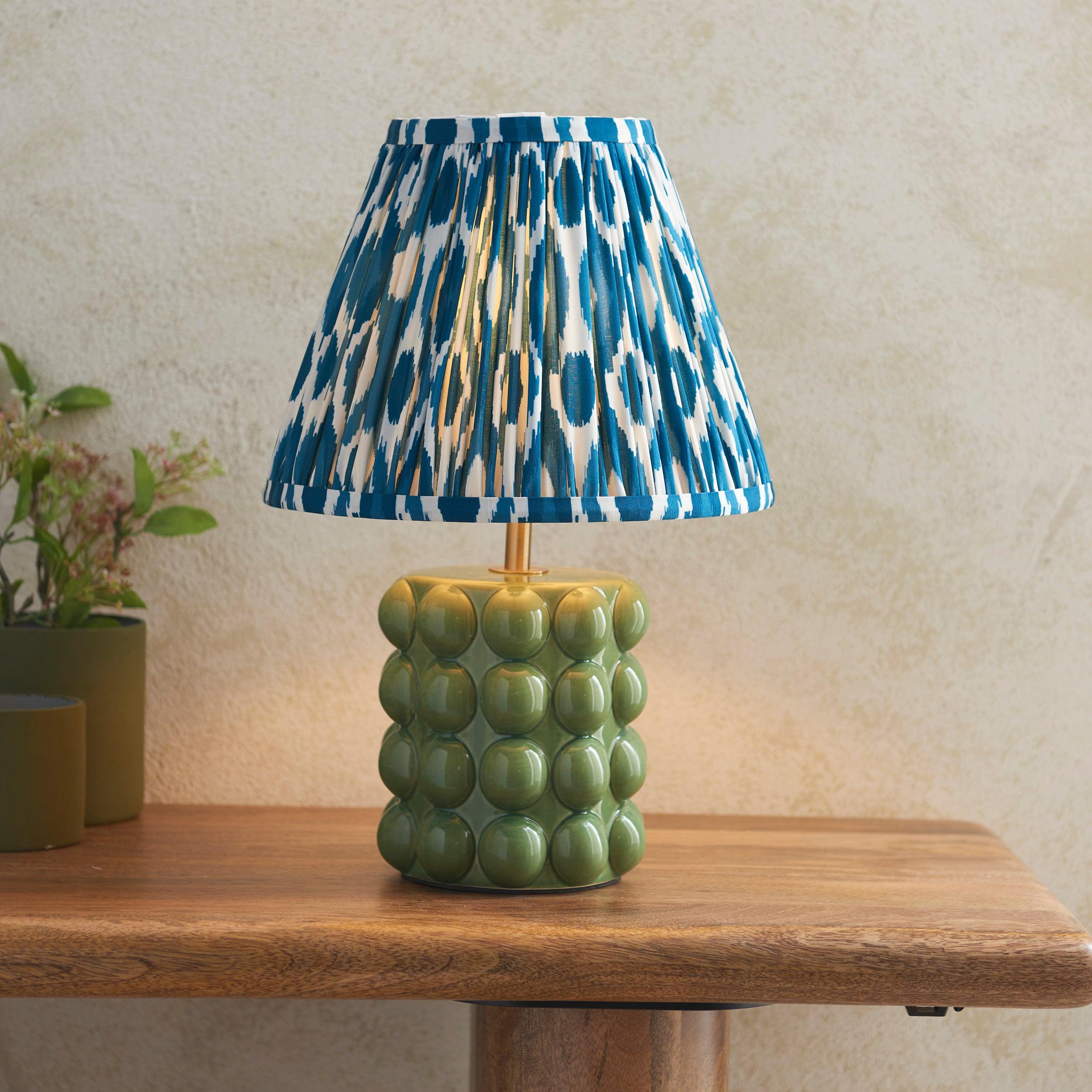 Bobble Ceramic Table Lamp with Ikat Pattern - 25cm Marlin Blue Shade for Bedroom, Living Room & Office Decor