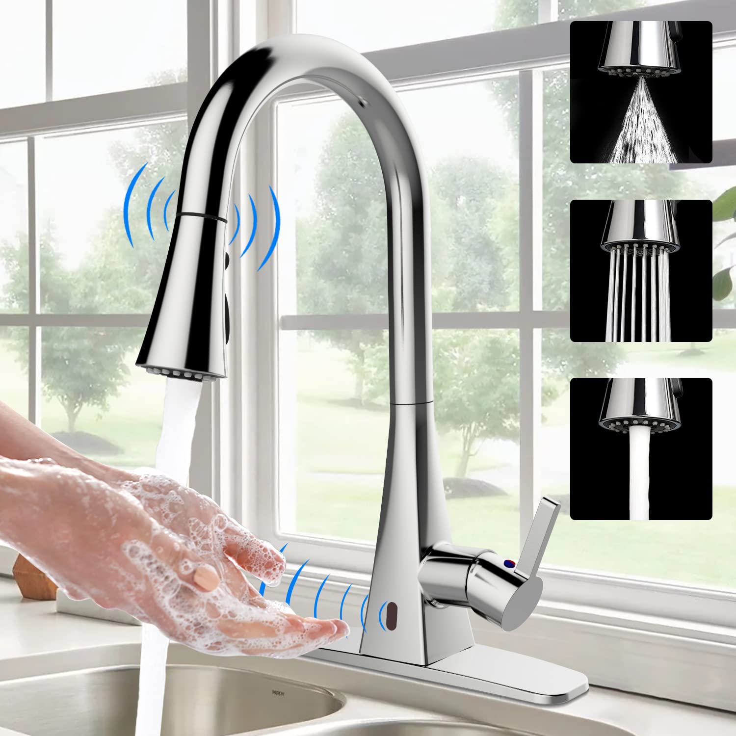ANBSR Touchless Kitchen Faucet with Motion Sensor - High Arc Pull Down Sprayer, Single Handle Design for 1 or 3 Hole Installation, Polished Chrome Finish - Perfect for Modern Kitchens, Dishwashing, and Hands-Free Cooking