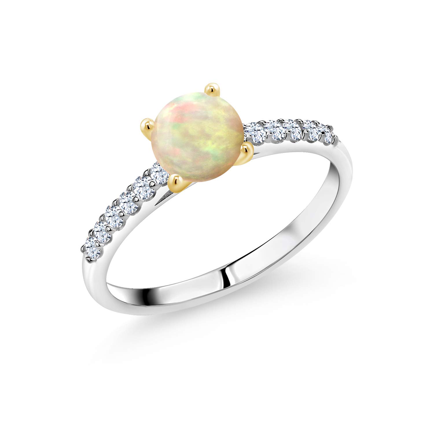 925 Sterling Silver & 10K White Gold Women's Engagement Ring with 6mm Round White Ethiopian Opal & Created Sapphire (0.74 CTTW) - Gem Stone King | Perfect for Proposals, Anniversaries & Special Occasions