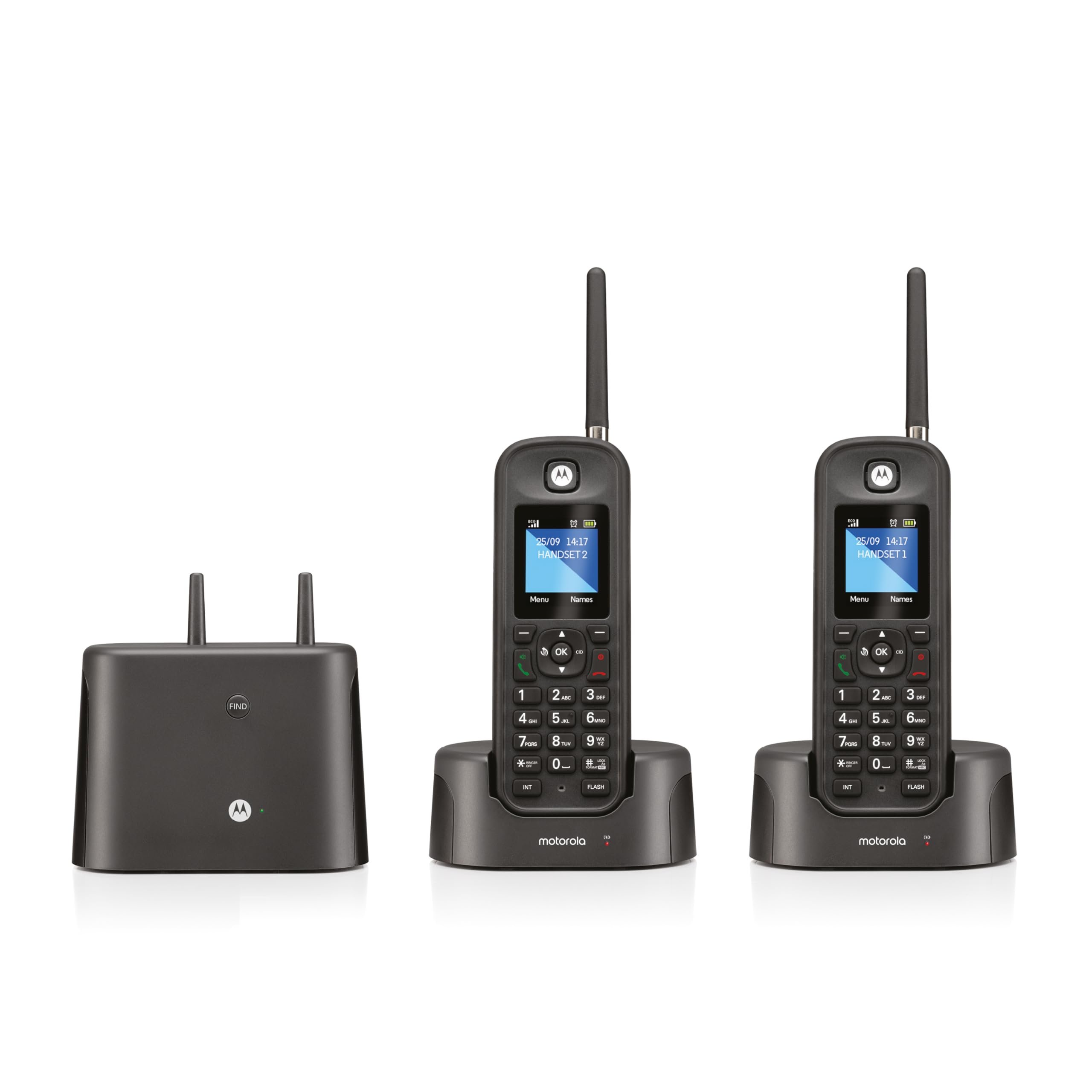 Motorola O212 DECT 6.0 Long Range Cordless Phone with Answering Machine - 2 Handsets, IP67 Water & Dust Resistant, Black - Ideal for Home, Office, Warehouse & Outdoor Use
