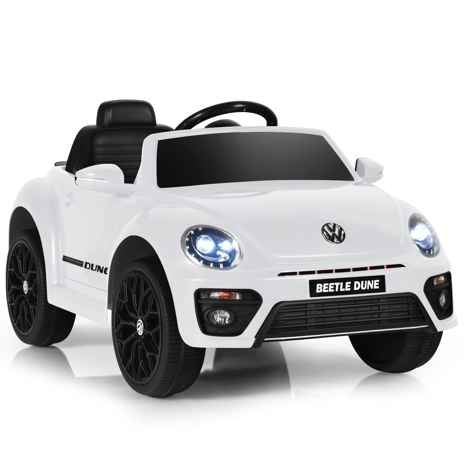 Costzon 12V Licensed Volkswagen Beetle Kids Electric Ride-On Car with Remote Control, Spring Suspension, LED Lights, USB Port, Horn & Music – 4-Wheeler Battery-Powered Vehicle for Boys & Girls (White) | Perfect Birthday Gift, Outdoor Play & Pretend Driving Fun