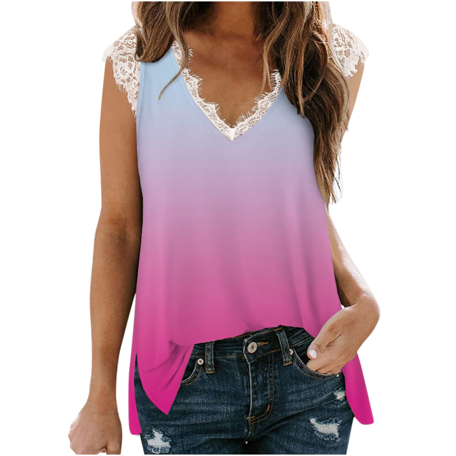 Women's Slim Fit Sleeveless Lace Tank Top - Casual Printed Blouse Shirt for Summer, Gym, Layering & Everyday Wear