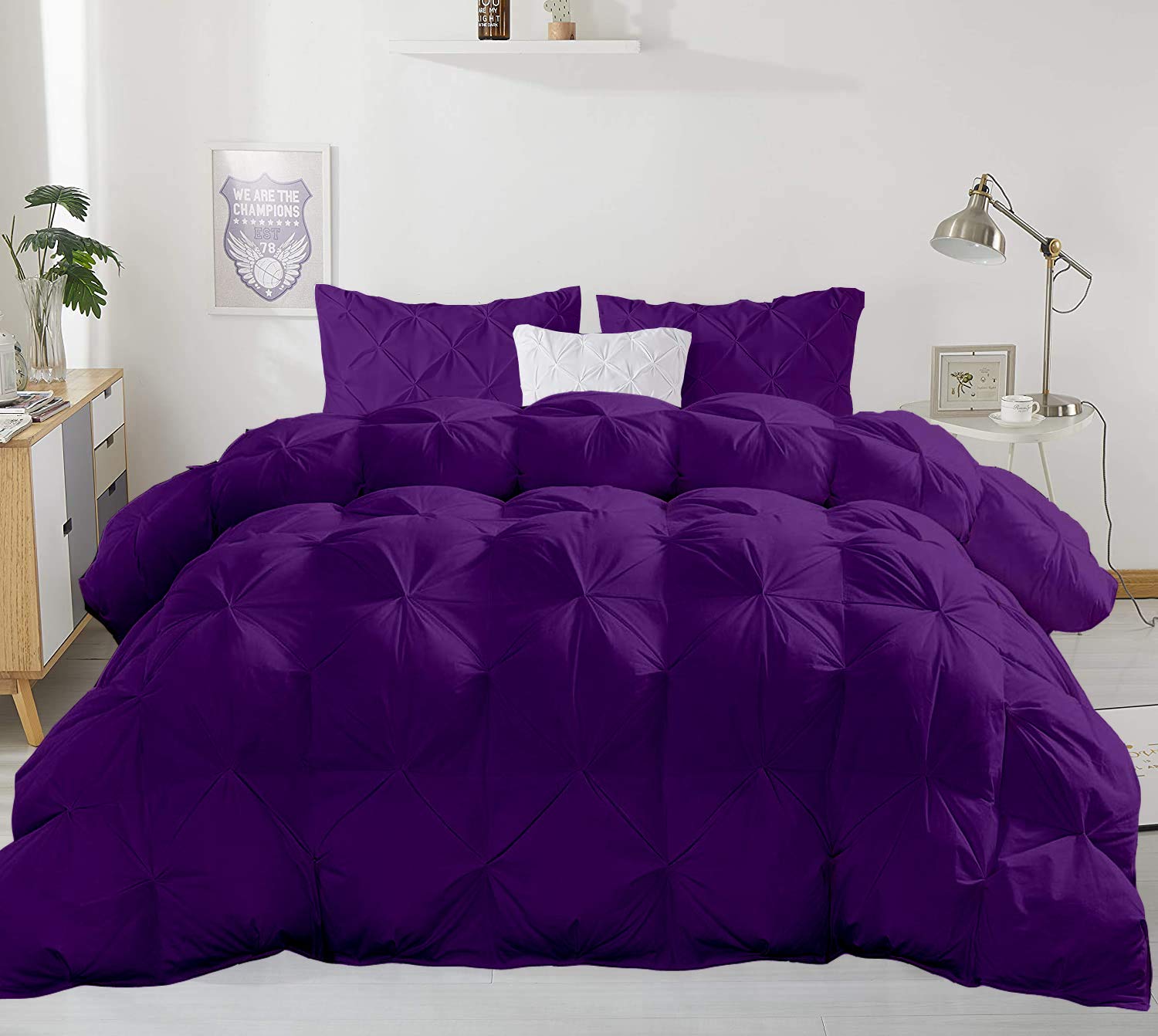 Premium Khyati Bedding All-Season Oversized Comforter Set - 98x120 Inches Purple Solid 3-Piece Quilted Pinch Pleated Design - 1200 Thread Count Cotton (Excludes Comforter Cover & Pillow Insert) - Perfect for Master Bedrooms, Guest Rooms & Luxury Hotel Stays