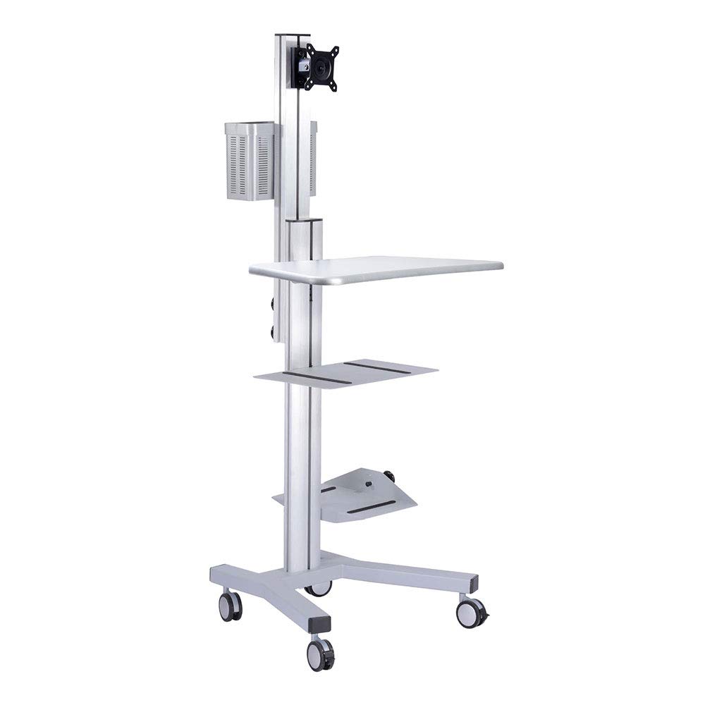 Instahibit 4-Wheel Rolling Computer Desk Cart - 25x22x69 Inches Mobile Workstation for Monitor, Printer & PC - Silver | Perfect for Home Office, Gaming Setup & Small Workspaces