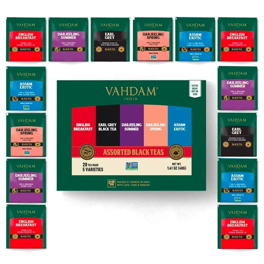 VAHDAM Premium Assorted Black Tea Sampler Gift Set - 5 Flavors, 20 Pyramid Tea Bags | Gluten Free, Non-GMO, Long Leaf Black Tea Variety Pack | Perfect Tea Gift for Women & Men | Ideal for Office, Home Relaxation & Afternoon Tea Parties