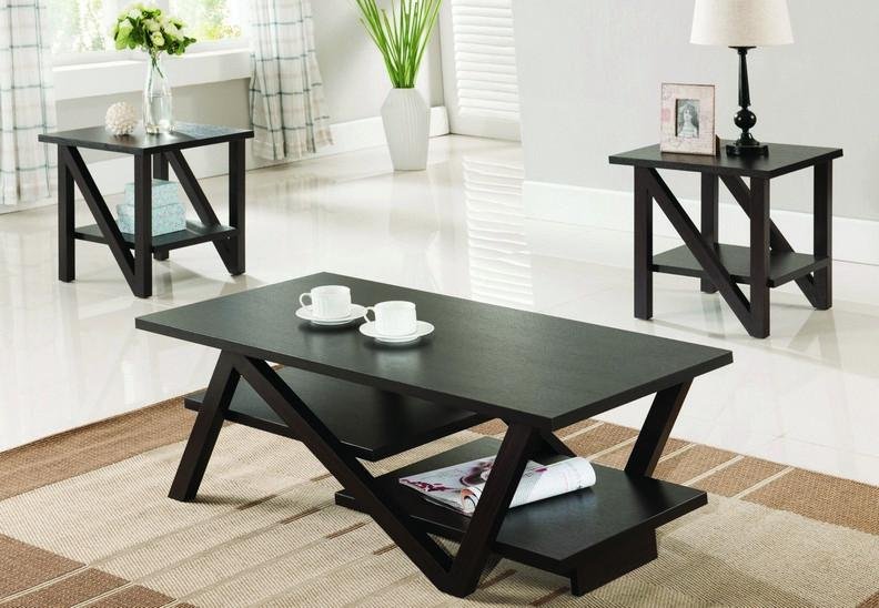 Espresso Wood Coffee Table Set with Z-Leg Design - Modern Living Room Furniture for Home & Office Decor