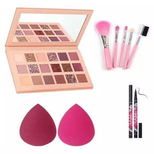 Zaduhik 36H Long Lasting Nude Eyeshadow Palette with 5-Piece Pink Makeup Brush Set, Waterproof Eyeliner & 2 Pink Beauty Blenders - 9-Piece Complete Makeup Kit for Everyday Glam & Party Looks
