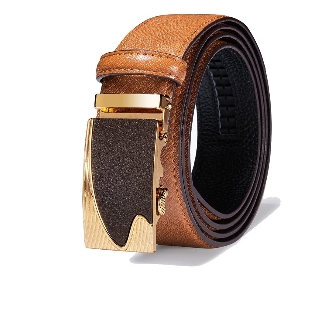 Premium Genuine Leather Automatic Buckle Belt for Men - Gold Plated Cowhide Dress Belt (Orange, 110x3.5cm) - Ideal for Business, Golf & Formal Occasions