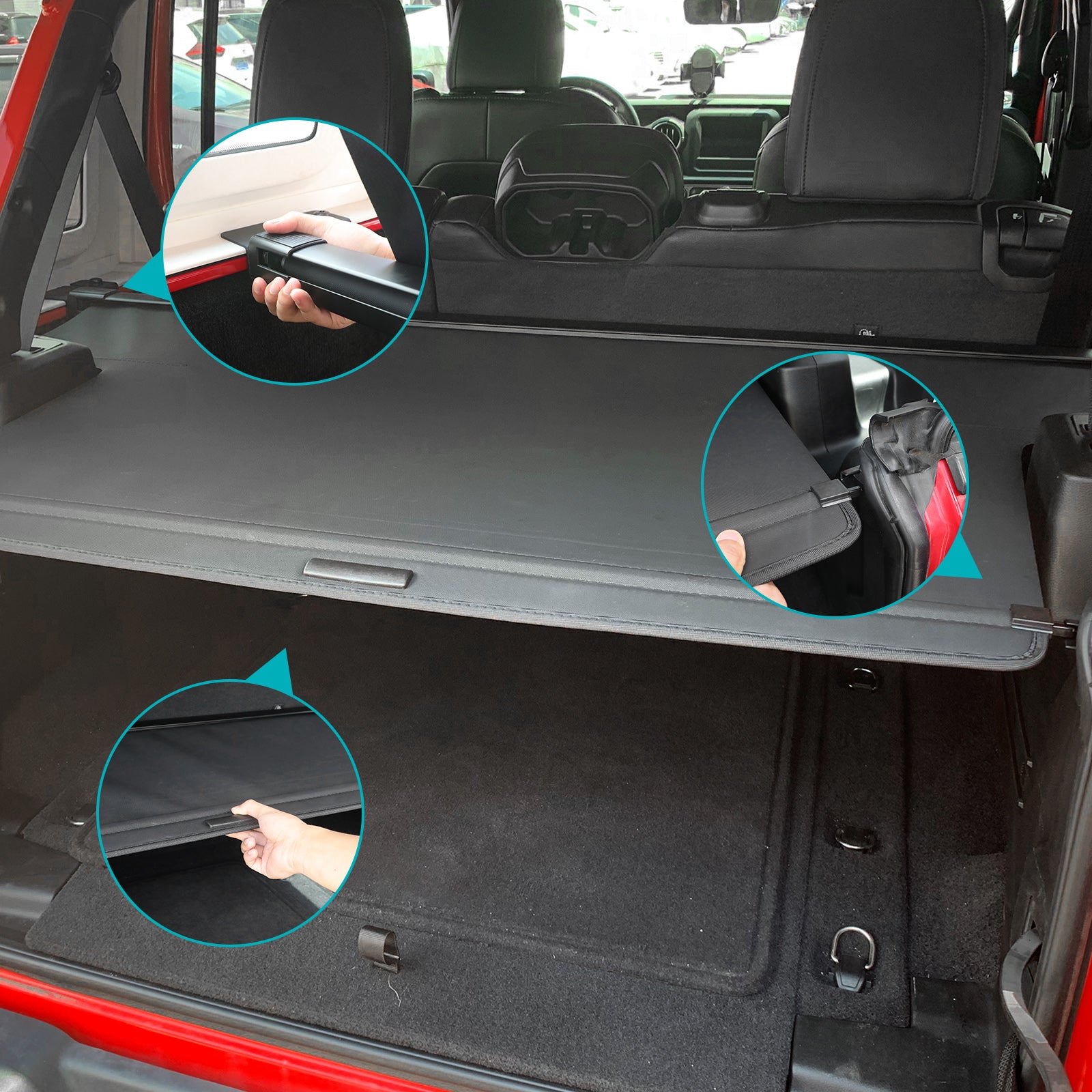 Retractable Cargo Cover for 2018-2023 Jeep Wrangler JLU 4 Door | Custom Fit Tonneau Cover | Trunk Organizer & UV Shade | Perfect for Camping, Road Trips & Outdoor Adventures (Not Compatible with 2.0T 4XE and Soft Top Models)