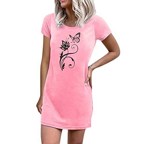 Women's Summer Dandelion Print Short Sleeve Crew Neck T-Shirt Dress with Pocket - A-Line Beach Sundress for Casual Outings & Vacations (Pink, Size M) - Perfect for Beach Trips, Picnics, and Summer Parties