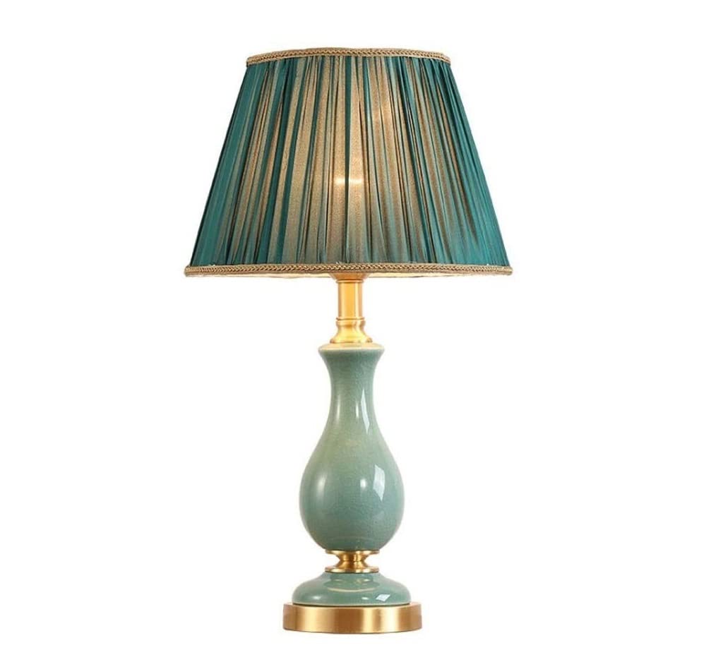 Modern Fabric Lampshade Table Lamp - Ceramic Copper Base Bedside Nightstand Light for Bedroom, Living Room & Office Desk | Soft Lighting for Reading, Working & Relaxing