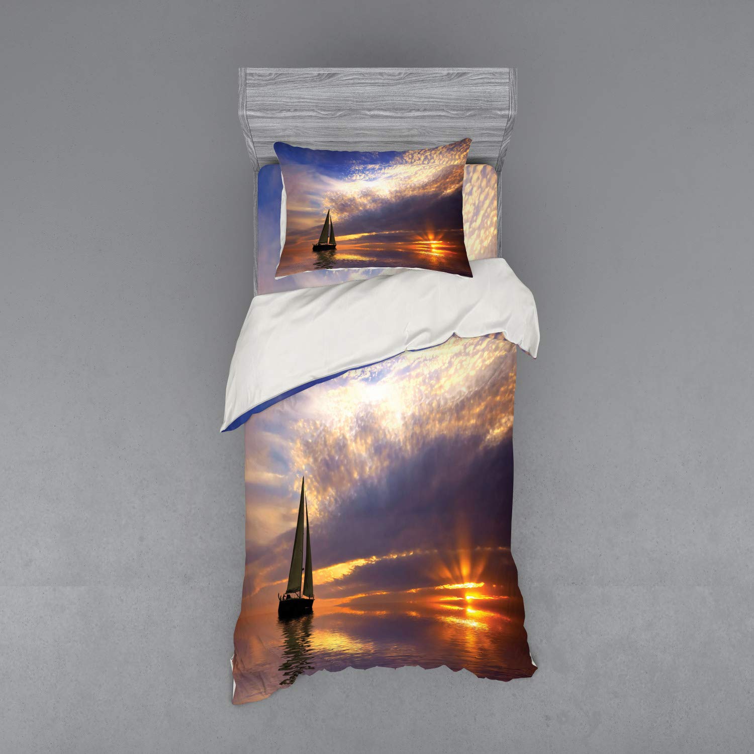 Ambesonne Sailboat 3-Piece Bedding Set - Twin XL Duvet Cover with Sham & Fitted Sheet, Marigold Blue-Grey - Nautical Themed Bedroom Decor for Couples, Honeymoon & Coastal Style Homes