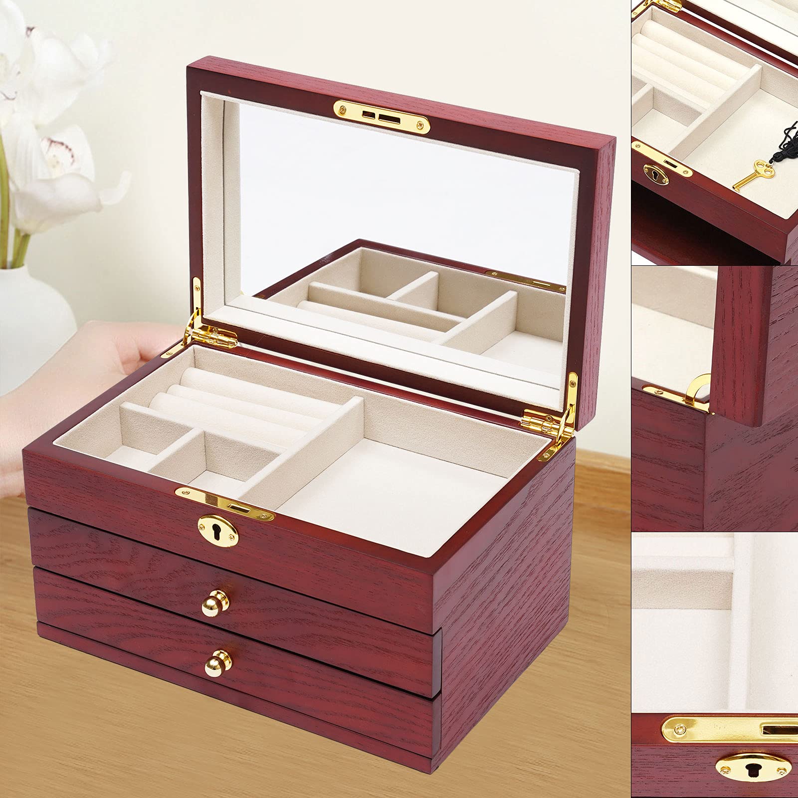 3 Layer Lockable Wooden Jewelry Box with Mirror - Jewelry Organizer with 2 Removable Drawers for Necklaces, Earrings, Bracelets & Watches - Perfect Gift for Women & Girls - Home Decor & Travel Jewelry Storage Case