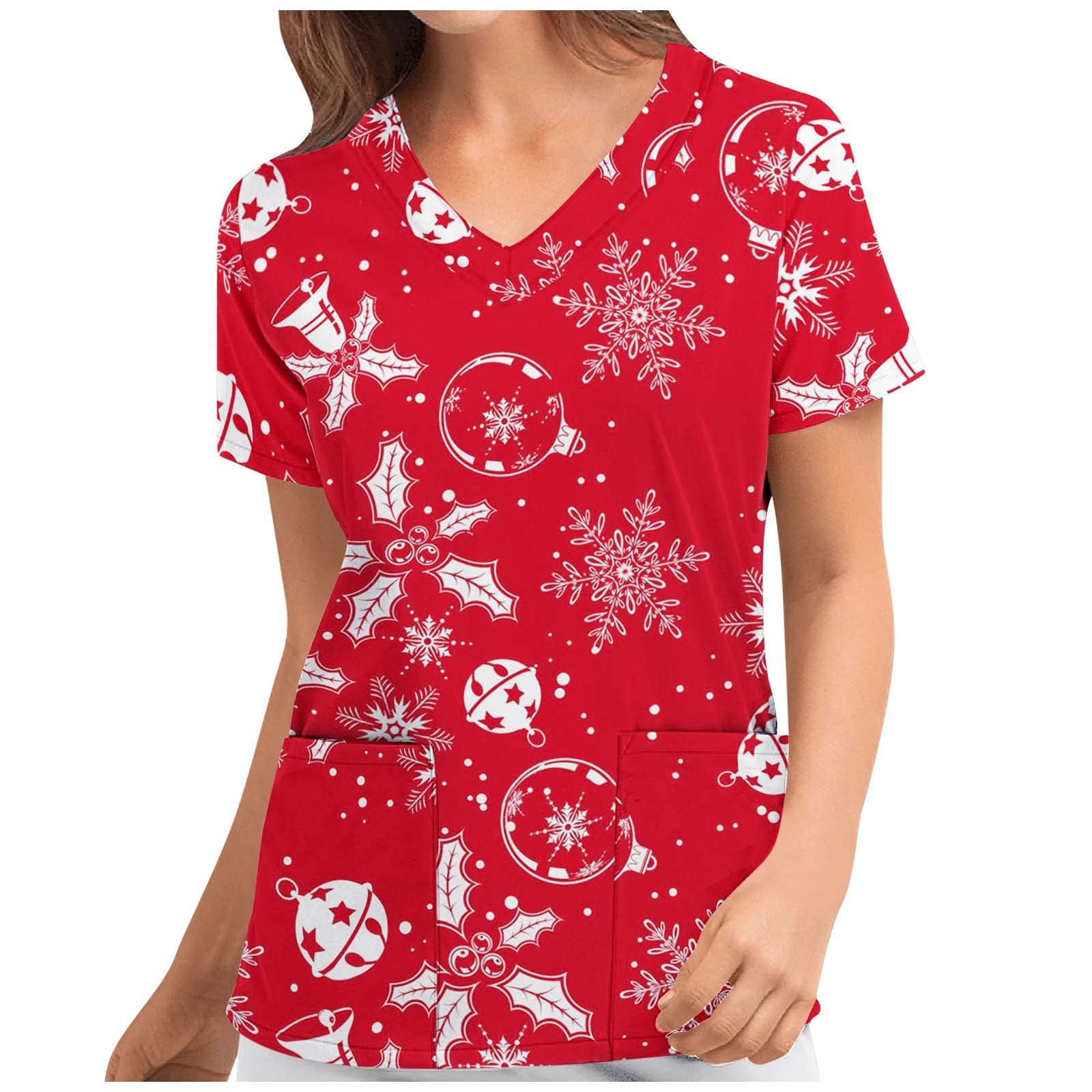 Women's Christmas Print V-Neck Blouse - Fashion Short Sleeve Tops for Work, Running & Holiday Parties | Merry Holiday Shirt for Office Uniform & Casual Wear
