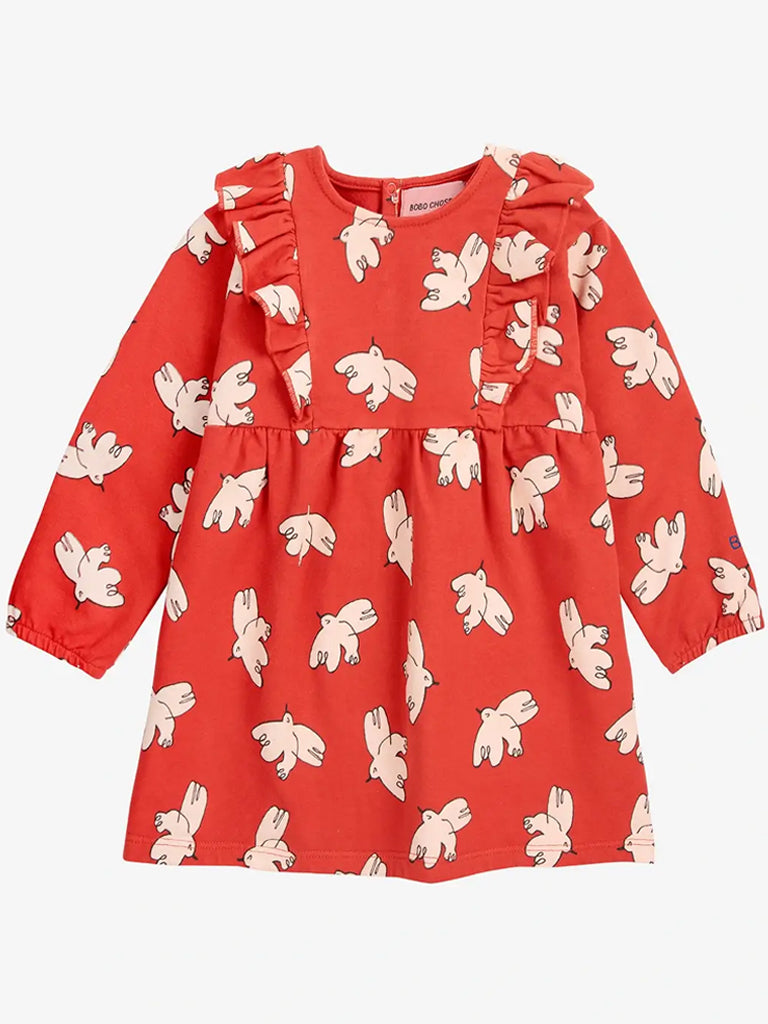 Bobo Choses Baby Girls' Freedom Bird Dress - Red Floral Print Cotton Dress for Toddlers | Perfect for Playdates, Parties & Photo Shoots