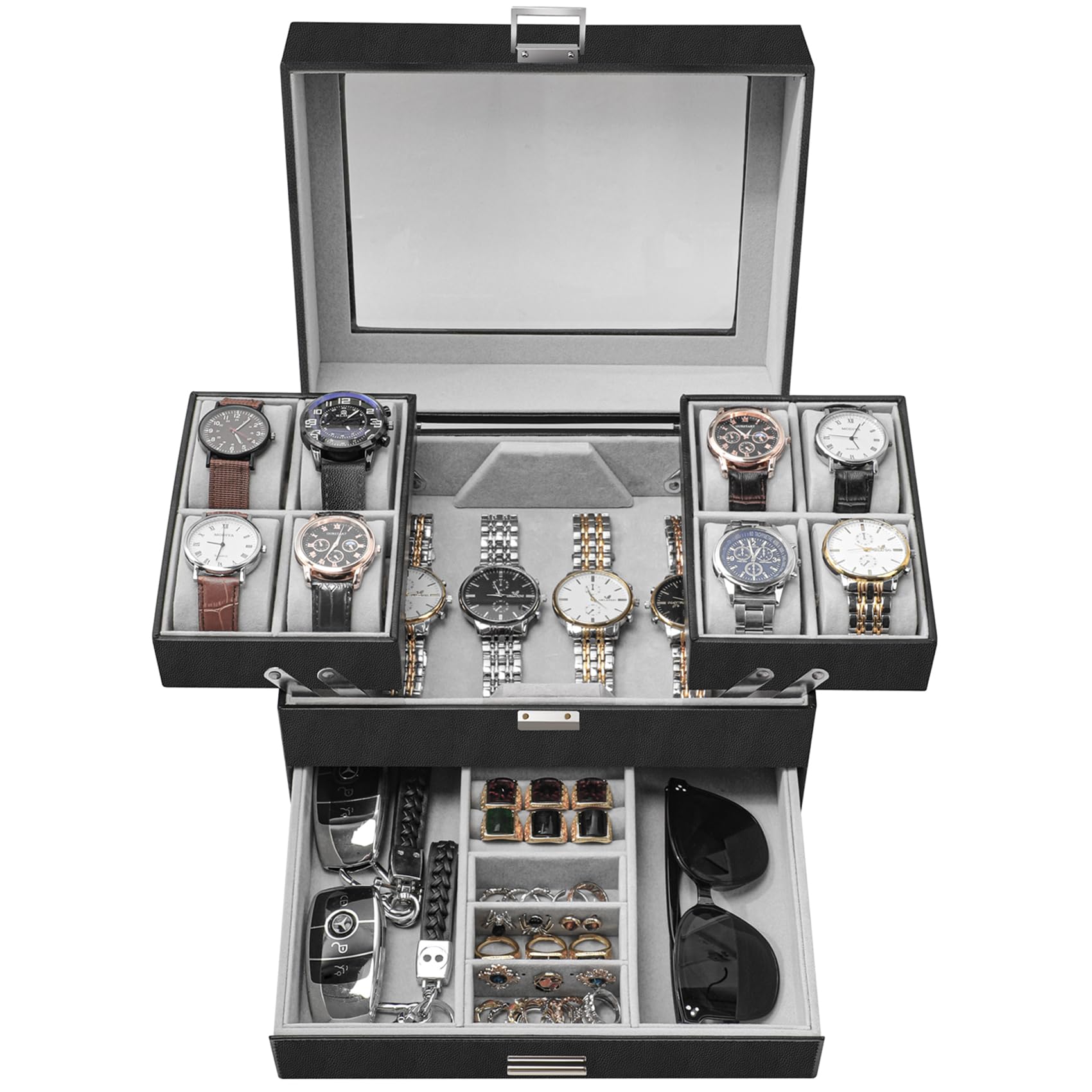 Dajasan 8-Slot Watch Box for Men - 3-Layer PU Leather Watch Display Case with Sunglass Storage Organizer - Perfect for Rings, Jewelry & Gift Giving (Black) - Ideal for Watch Collectors & Travel Storage