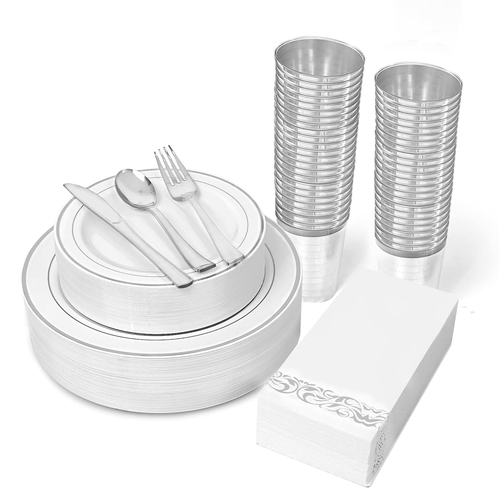 BAYZZ 350-Piece Silver Disposable Dinnerware Set - 100 Silver Plastic Plates, 50 Plastic Silverware, 50 Silver Cups & 50 Napkins - Elegant Disposable Tableware for Weddings, Parties, BBQs & Special Events