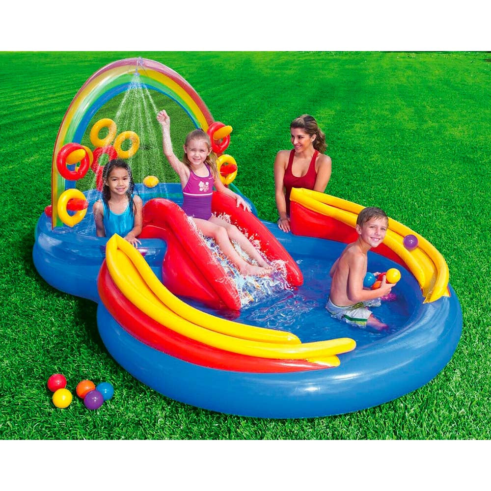 Intex Rainbow Ring Inflatable Paddling Pool Play Center for Kids - Outdoor Water Park with Slide & Sprayers | Model 57453 | Perfect for Backyard Summer Fun, Birthday Parties & Family Water Play