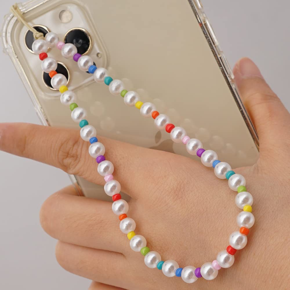SYSUII Beaded Phone Lanyard Wrist Strap - Smiley Face Rainbow Beaded Phone Charm for Women & Girls - Anti-Lost Phone String for iPhone 12, Samsung, Camera & Keys - Perfect for Work, Travel & Everyday Use
