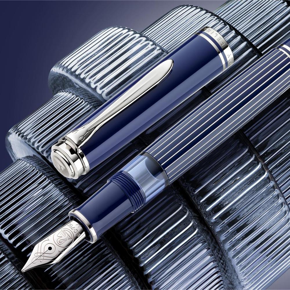 Pelikan Souverän M815 Metal Striped Blue Fountain Pen - Special Edition (2025) | Premium Writing Instrument for Collectors, Professionals & Gift Giving