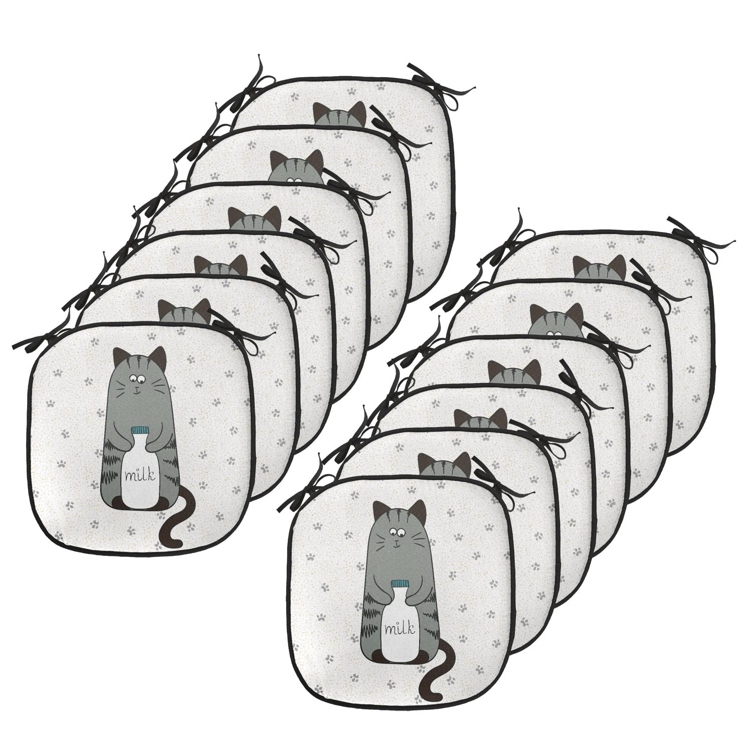 Lunarable Cat Chair Cushion Set of 12 - Anti-Slip Seat Pads with Shy Kitten & Milk Bottle Design (16