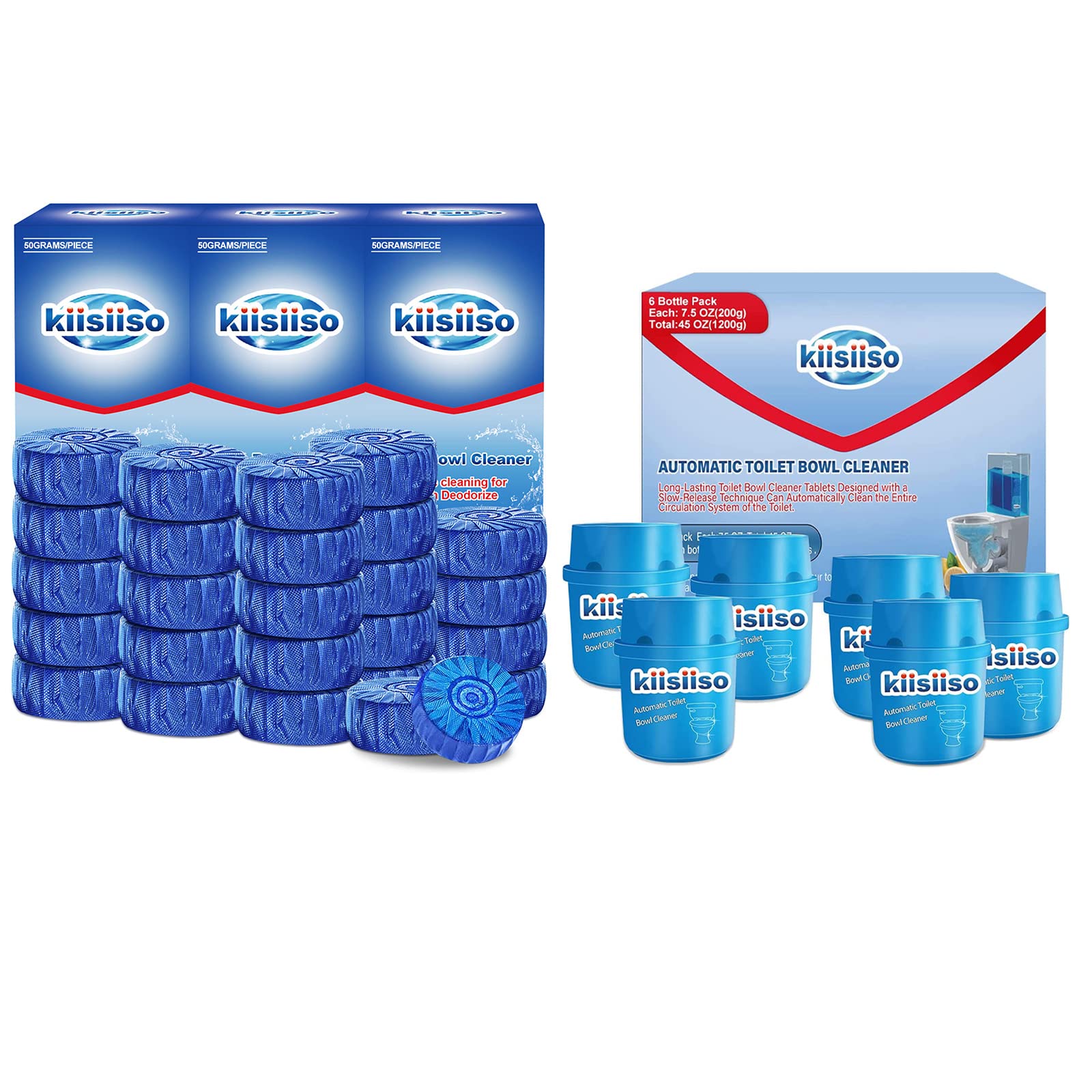 KIISIISO 30-Pack Blue Toilet Bowl Cleaner Tablets & 6 Bottles White Toilet Cleaner - Effortless Bathroom Cleaning for Homes, Hotels & Offices