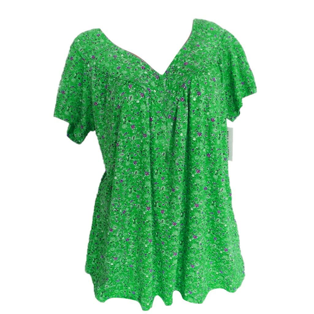Women's Floral Printed V-Neck Short Sleeve Tunic Blouse - Summer Casual Pleated Flowy T-Shirt Top for Vacation, Work & Everyday Wear