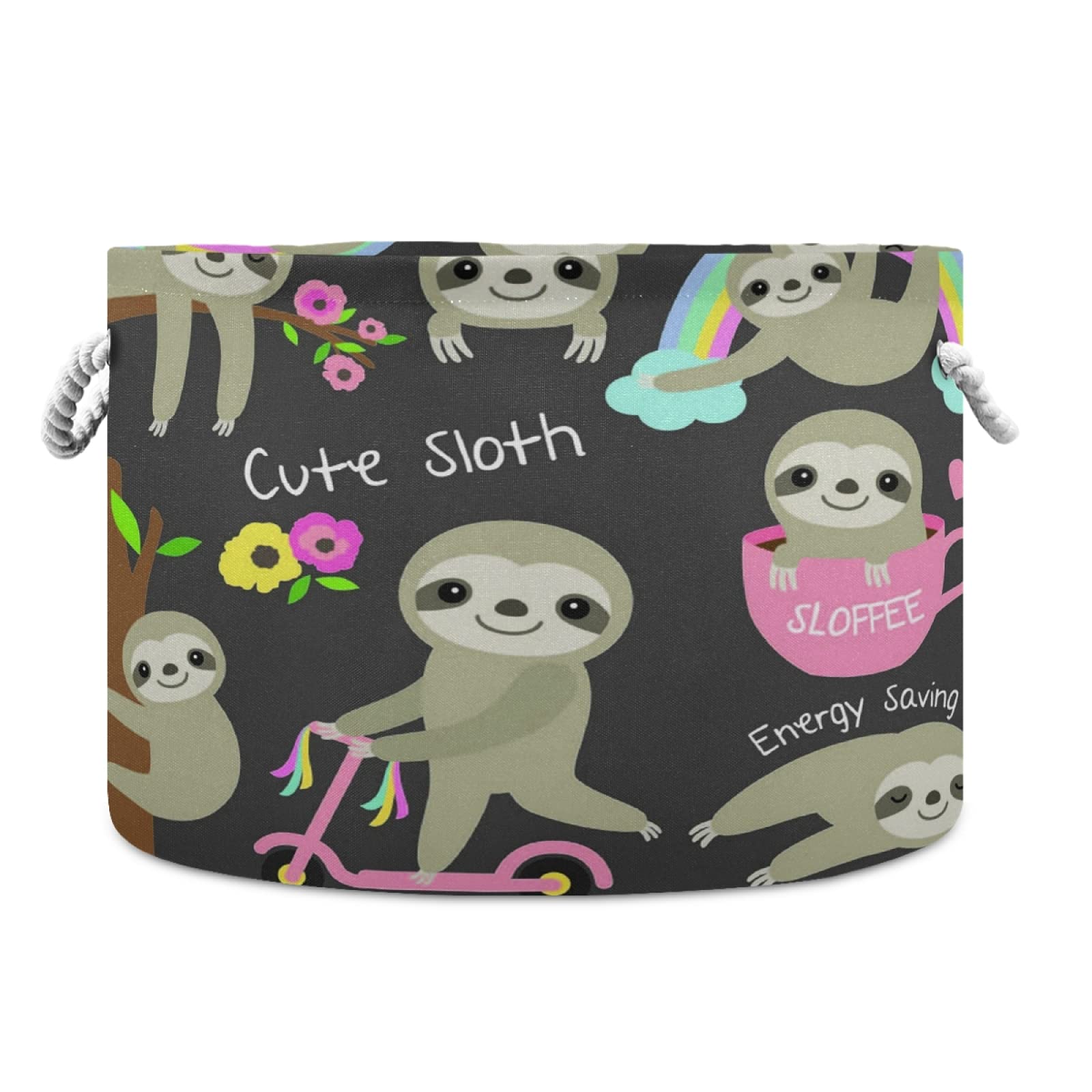 Large Cotton Rope Storage Basket with Sloth & Rainbow Tree Design - Perfect for Baby Laundry, Blanket & Toy Organization - Stylish Nursery Hamper & Home Decor Basket