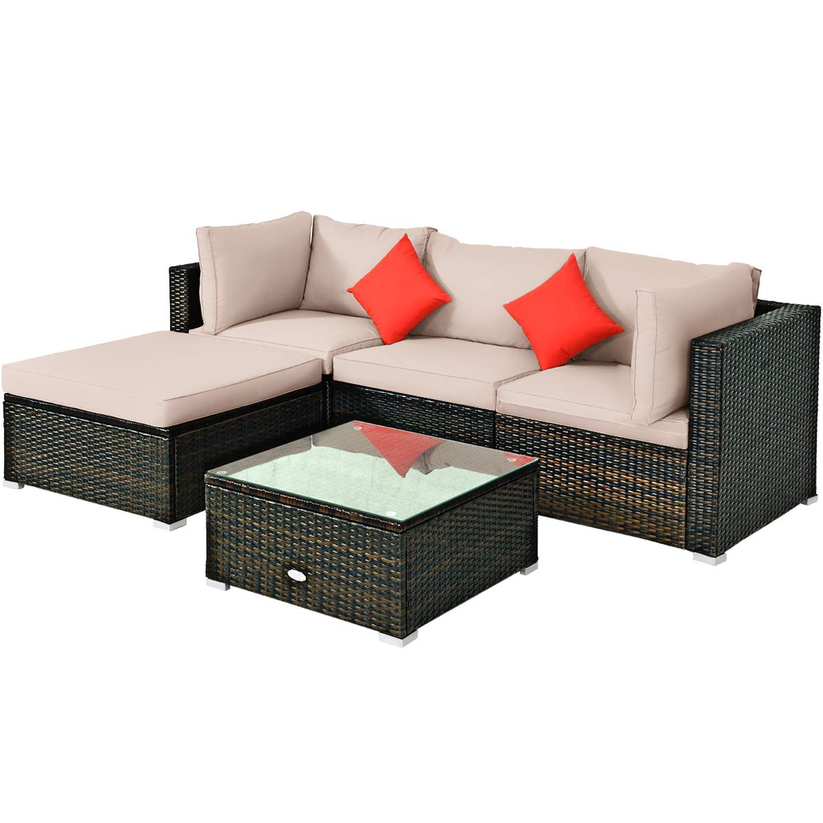 **HAPPYGRILL 5-Piece Patio Conversation Set - Outdoor Rattan Wicker Furniture with Sectional Sofa, Ottoman, Coffee Table, Cushions & Pillows - Perfect for Garden, Lawn, Balcony, Backyard & Poolside Relaxation**