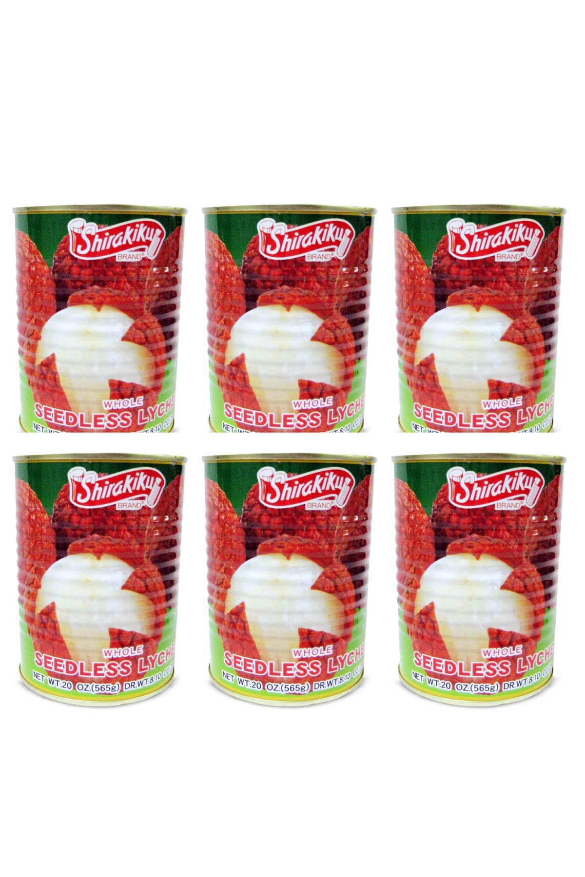 Premium Shirakiku Whole Seedless Lychee Canned Fruit - Japanese Imported Lychee in Light Syrup (Water, Sugar, Citric Acid) - 20oz Can (Pack of 6) - Healthy Asian Snack for Desserts, Bubble Tea, Cocktails & Fruit Salads