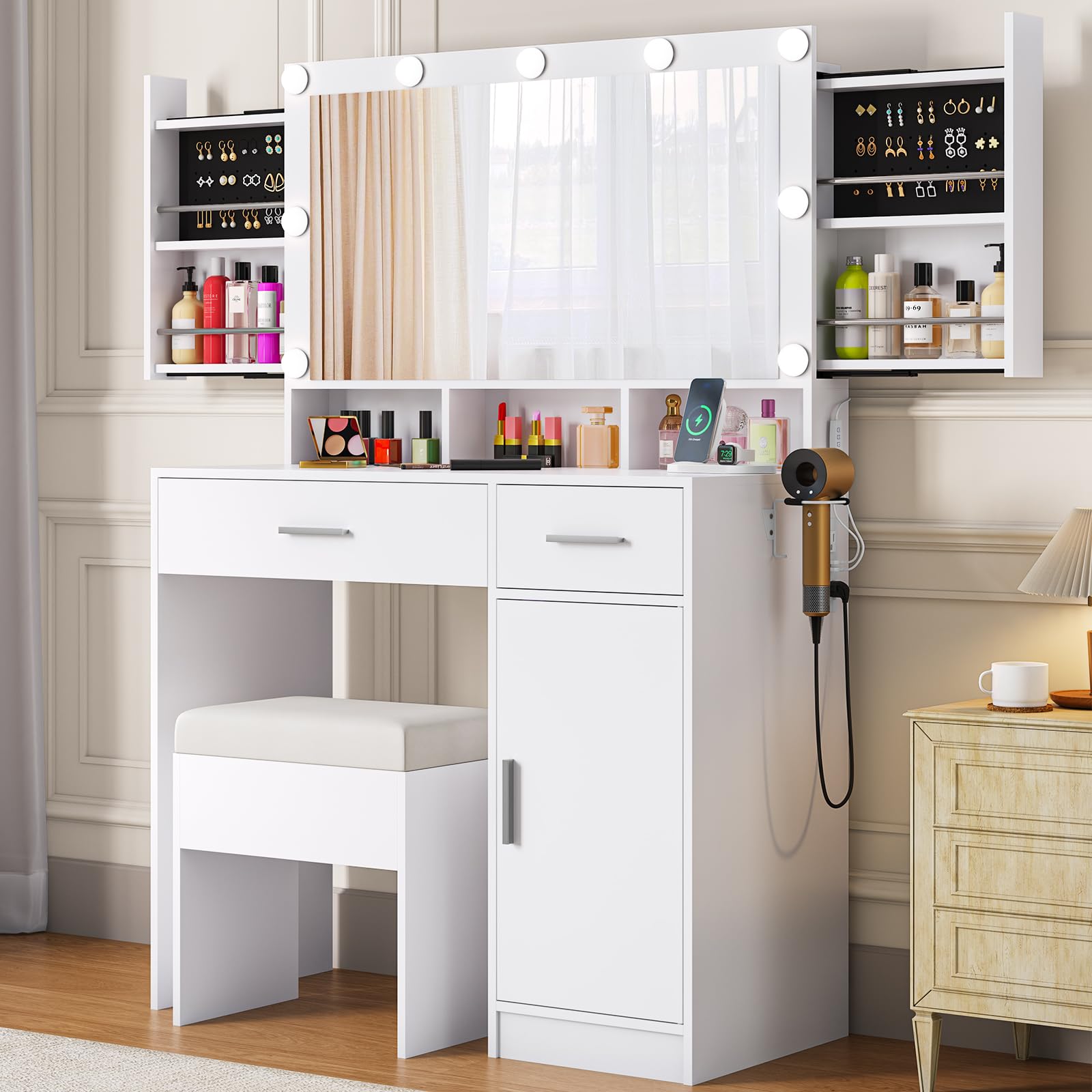 Vanity Desk with Mirror and Lights - White Makeup Table with Large Drawers, Sliding Storage & Wall-Mounted Jewelry Organizer | 3 Color Modes, Power Outlet & Cushioned Stool Included | Perfect for Bedroom, Dressing Room & Beauty Salon