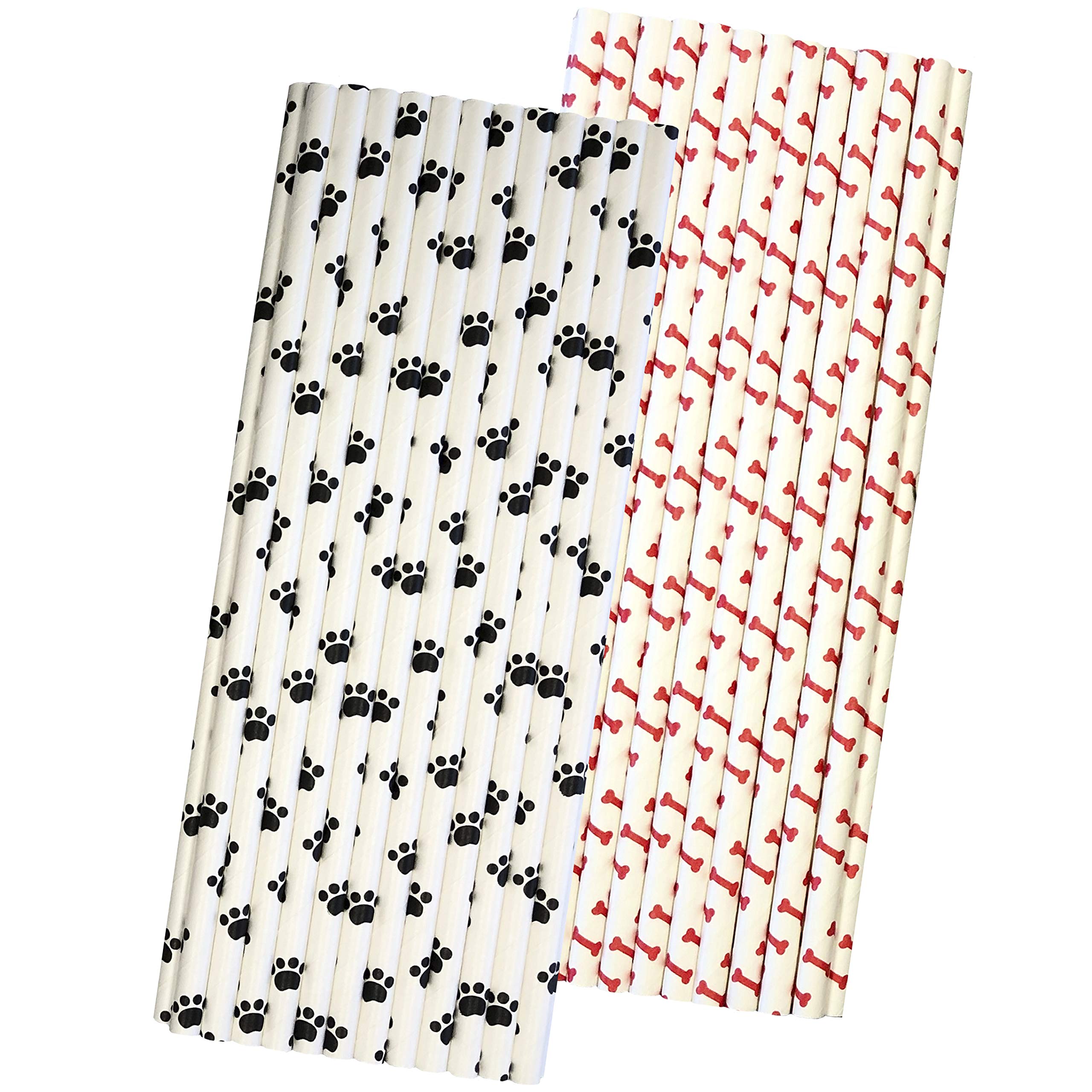 Dog Bone & Paw Print Paper Straws - 50 Pack for Pet Parties & Events