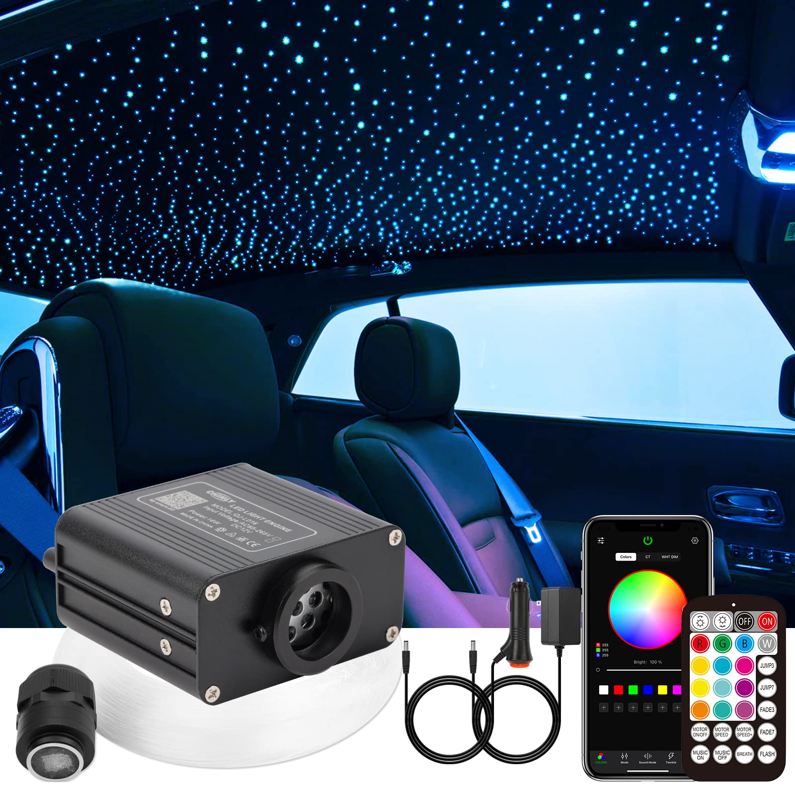 CHINLY 570pcs Twinkle Star Fiber Optic Lights Kit - 9.8ft with 0.03in/0.04in/0.06in Fibers, Bluetooth APP & Remote Control, RGBW Music Sync for Car Headliner, Home Ceiling, Theater & Bedroom Decor