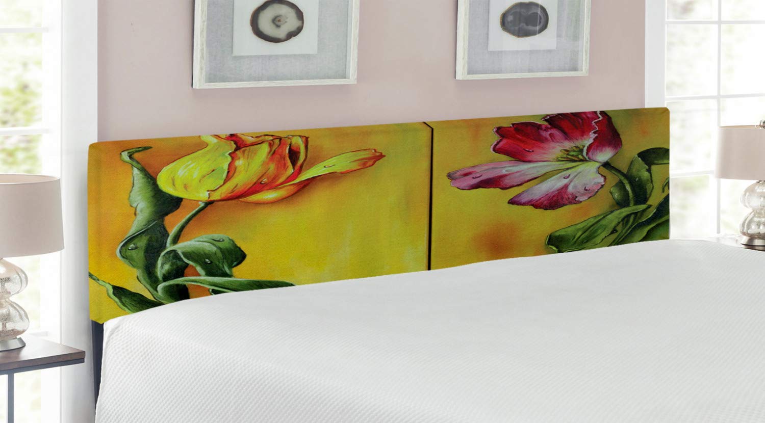 Ambesonne Country Headboard - Curving Tulips Romantic Blooming Flower Retro Art Print, Upholstered Decorative Metal Bed Frame with Memory Foam, King Size, Pink Yellow Green - Perfect for Master Bedroom, Guest Room & Bohemian Home Decor