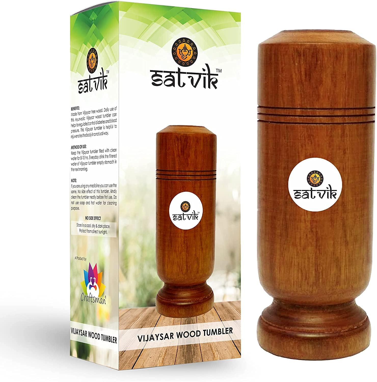 **Craftsman Satvik Vijaysar Wood Ayurvedic Diabetic Control Tumbler Glass - Herbal Wooden Cup Made from Vijaysar Tree for Natural Blood Sugar Management - Perfect for Ayurvedic Wellness & Daily Hydration**
