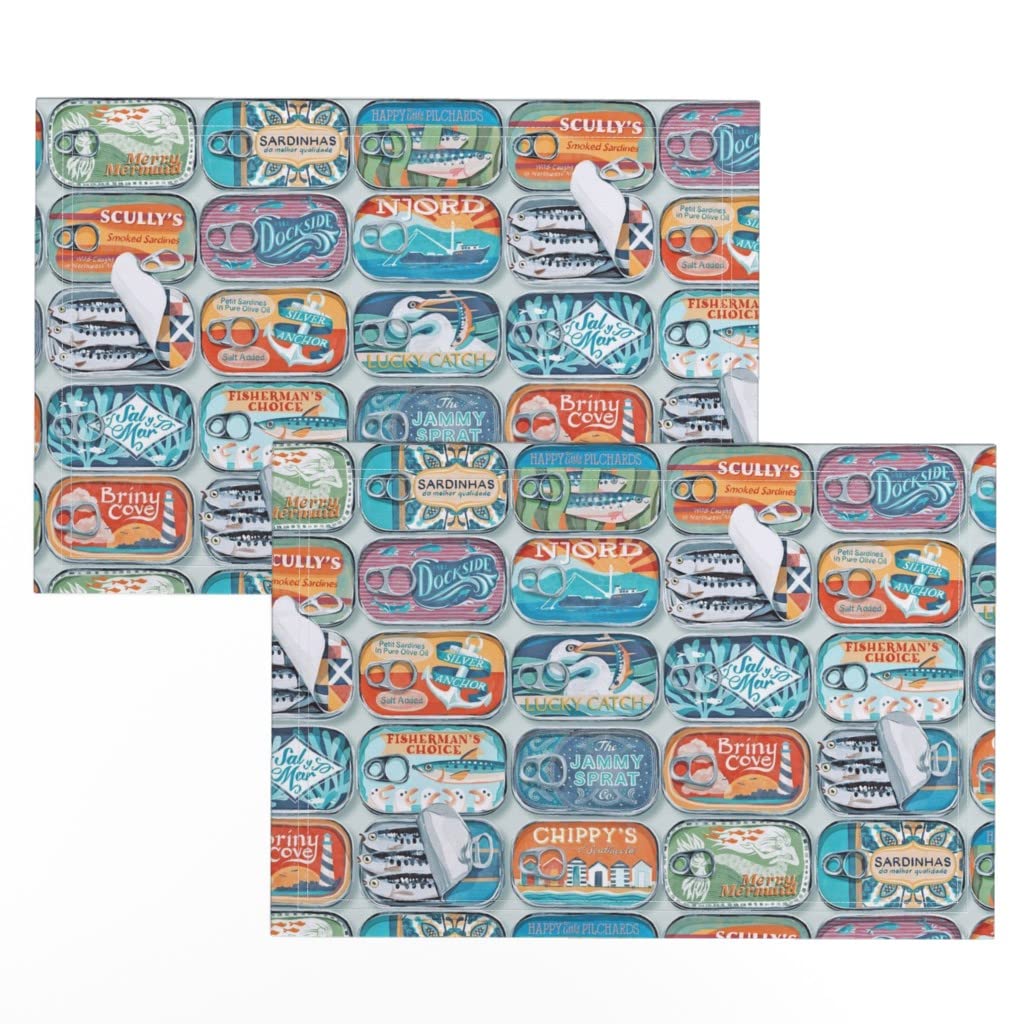 Premium Linen Cotton Canvas Placemats Set of 2 - Nautical Fish Blue Seaside Fishing Print Washable Table Mats for Kitchen Dining & Coastal Home Decor