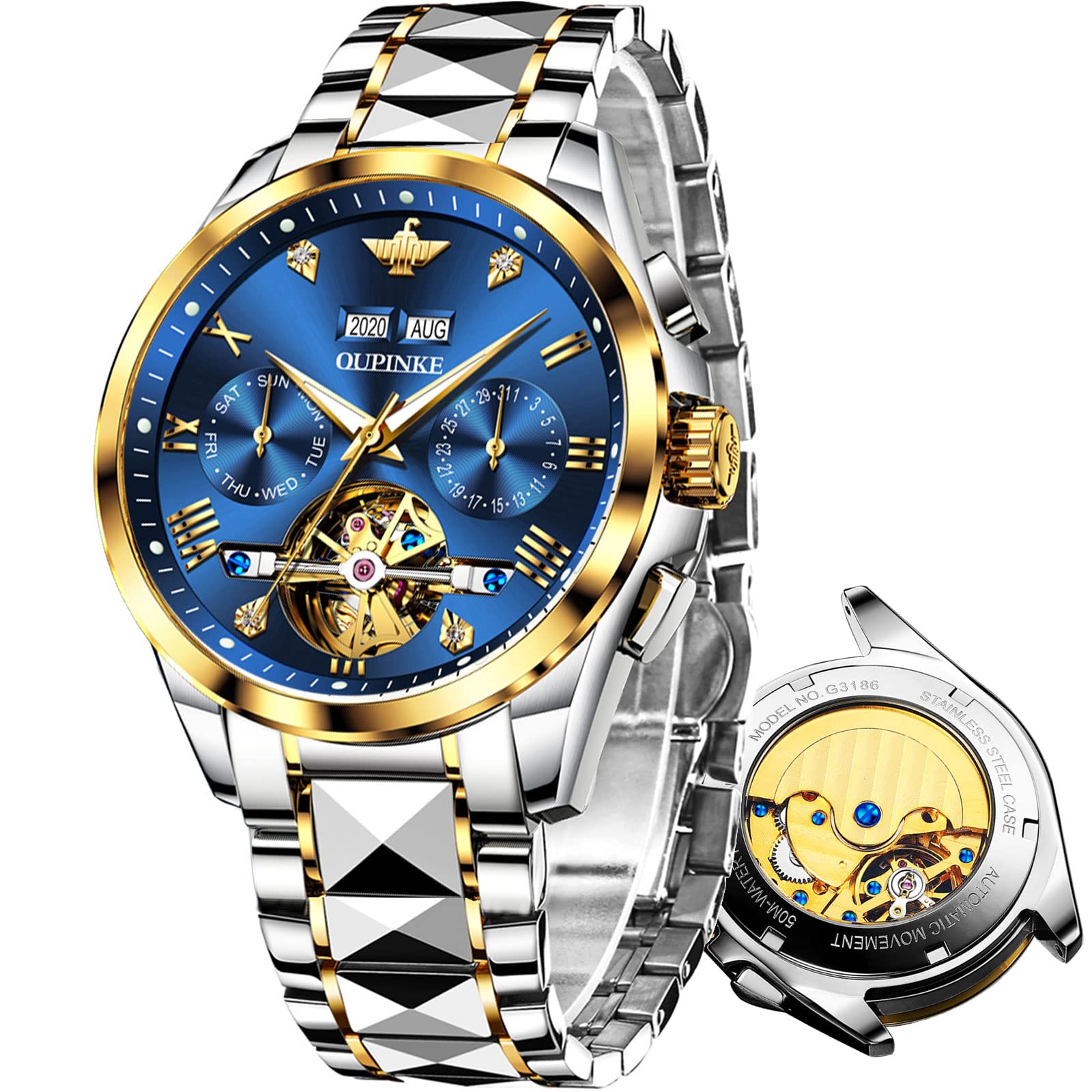 Premium Automatic Watches for Men - Gold Skeleton Mechanical Watch with Two-Tone Tungsten Steel Band, 50M Waterproof & Sapphire Crystal - Luxury Self-Winding Business Watch for Formal Events & Office Wear