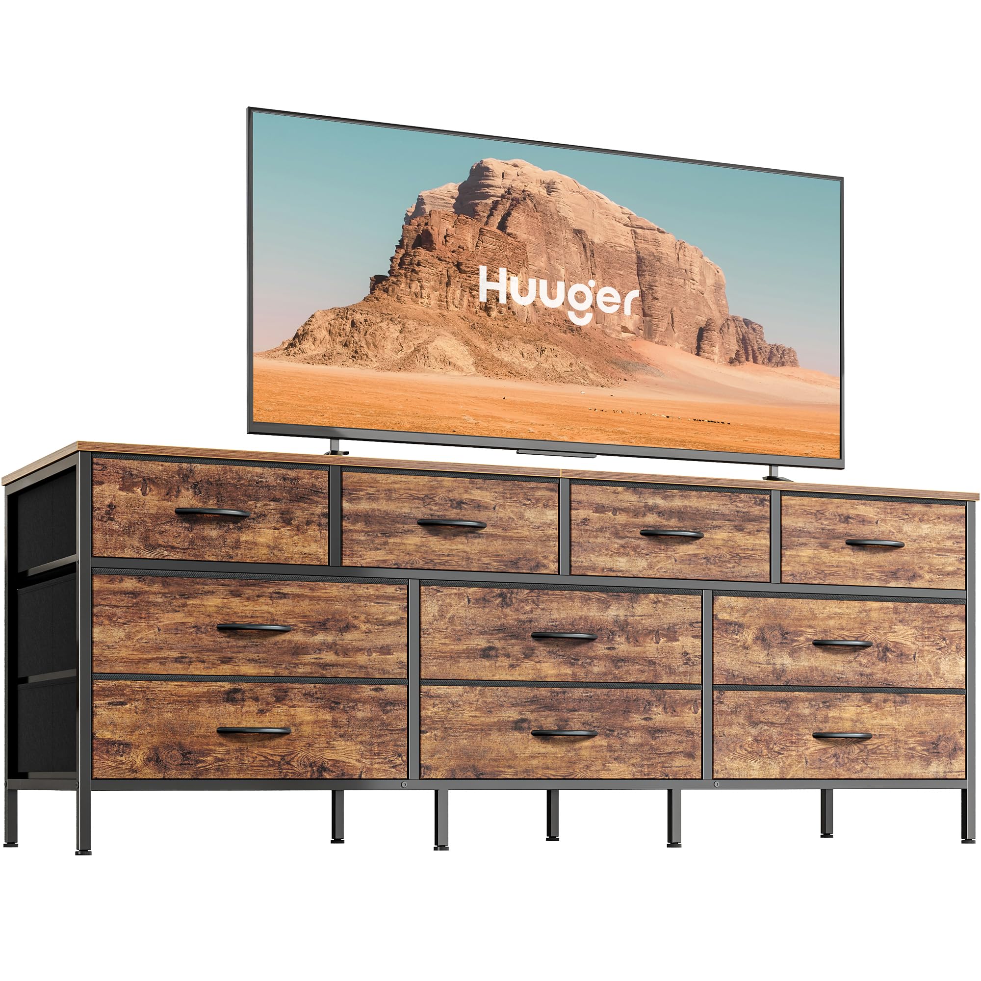 Huuger 63 Inch Rustic Brown Dresser with 10 Fabric Drawers - Bedroom Storage Organizer, TV Stand for 55-70 Inch TVs, Toy & Closet Organizer - Perfect for Home, Office, and Nursery Organization