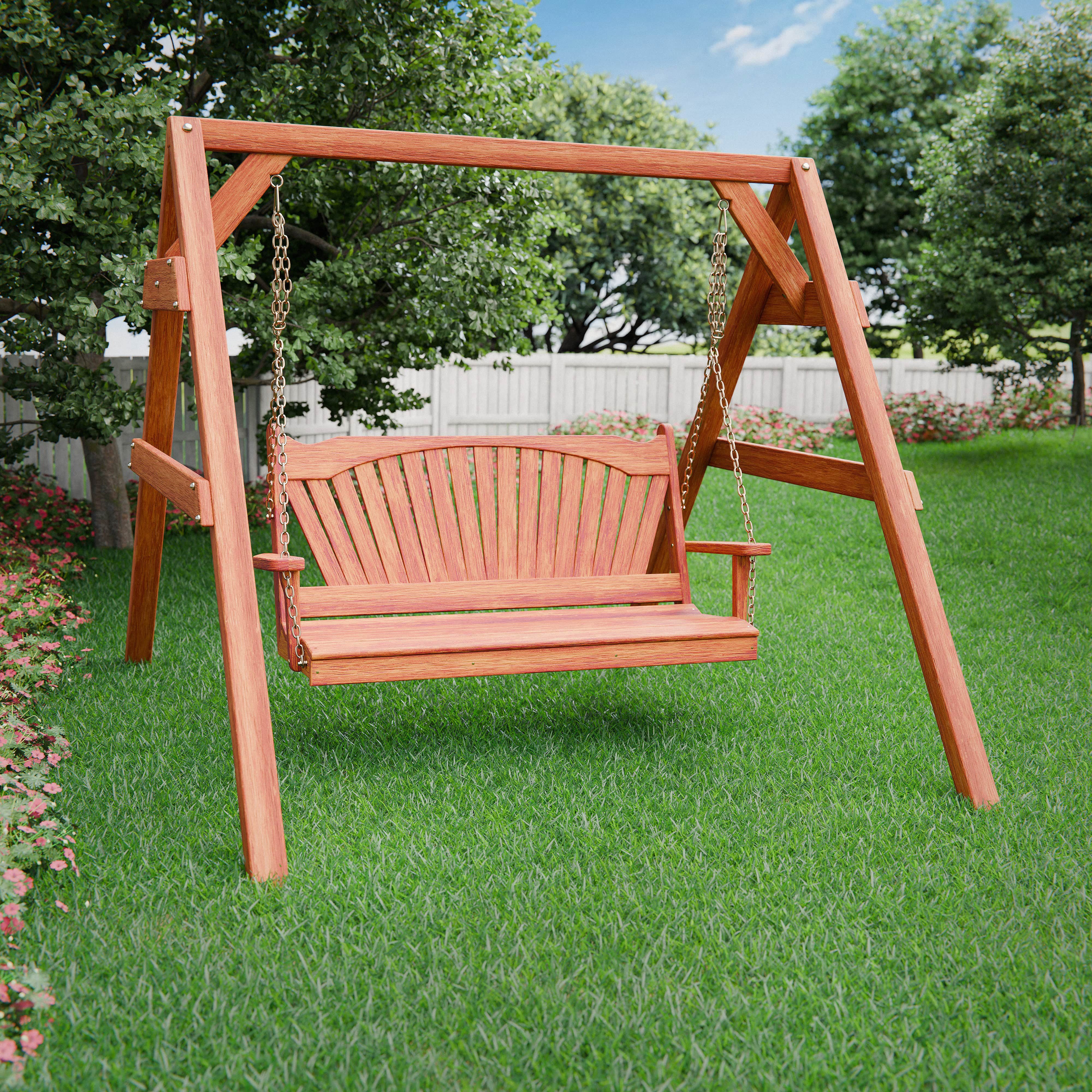 Keystone Amish Co. Sunburst Red Cedar Swing & Stand Set - Premium Outdoor Porch Swing with Heavy Duty Frame - Perfect for Backyard, Garden, and Patio Relaxation