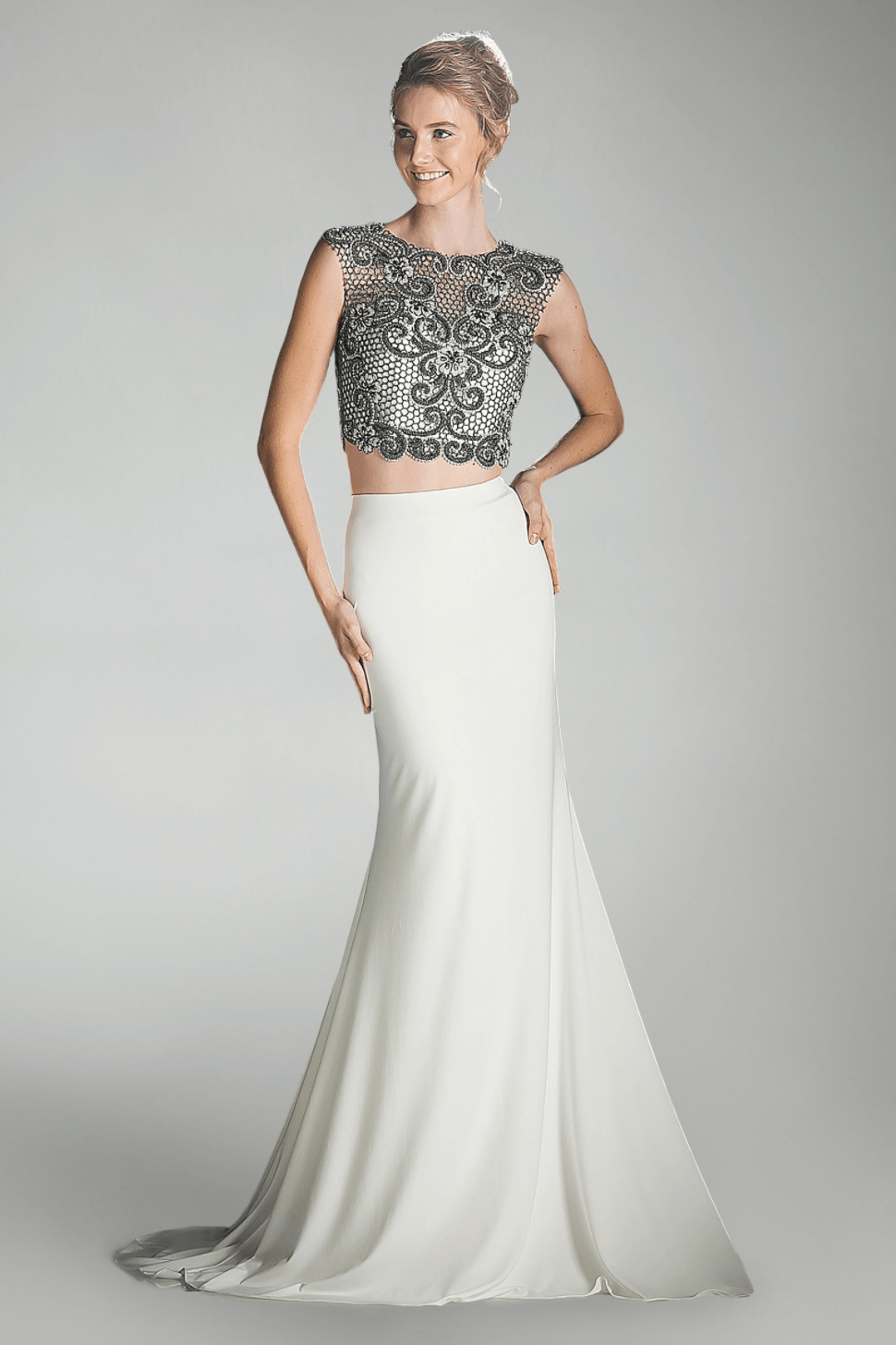Elegant Beaded 2-Piece Stretch Knit Sheath Dress by Cinderella Divine - Perfect for Cocktail Parties, Weddings & Evening Events