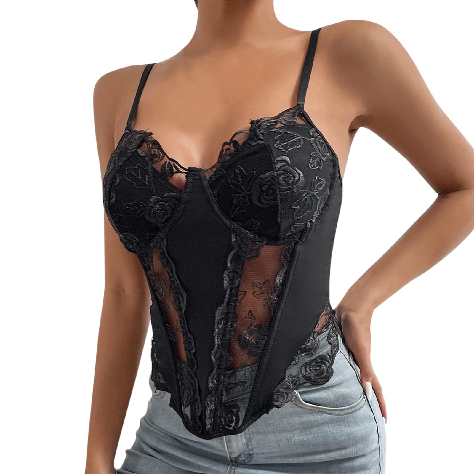 Gothic Punk Floral Lace Bustier Corset Top - Women's Sexy Party Bralette Crop Top for Club, Halloween, Cosplay & Night Out - White Corset Top for Women