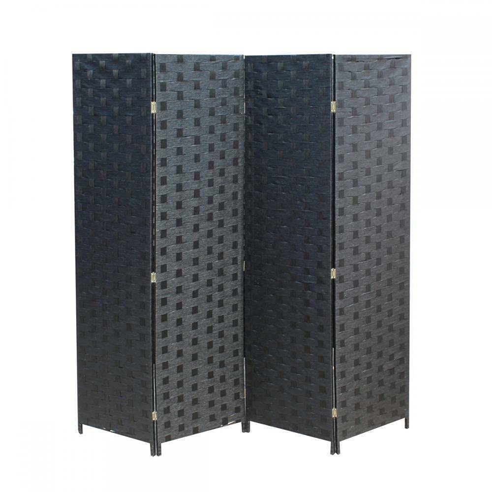 GXP Wood Mesh Woven Design 4 Panel Folding Room Divider Screen - 180cm Tall, Black - Perfect for Home Office, Living Room, Bedroom Privacy & Space Partition
