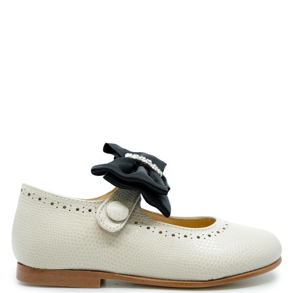 Spain+Co Beige Pebbled Bow Mary Jane Flats - Comfortable Women's Casual Shoes for Work, Walking & Everyday Wear