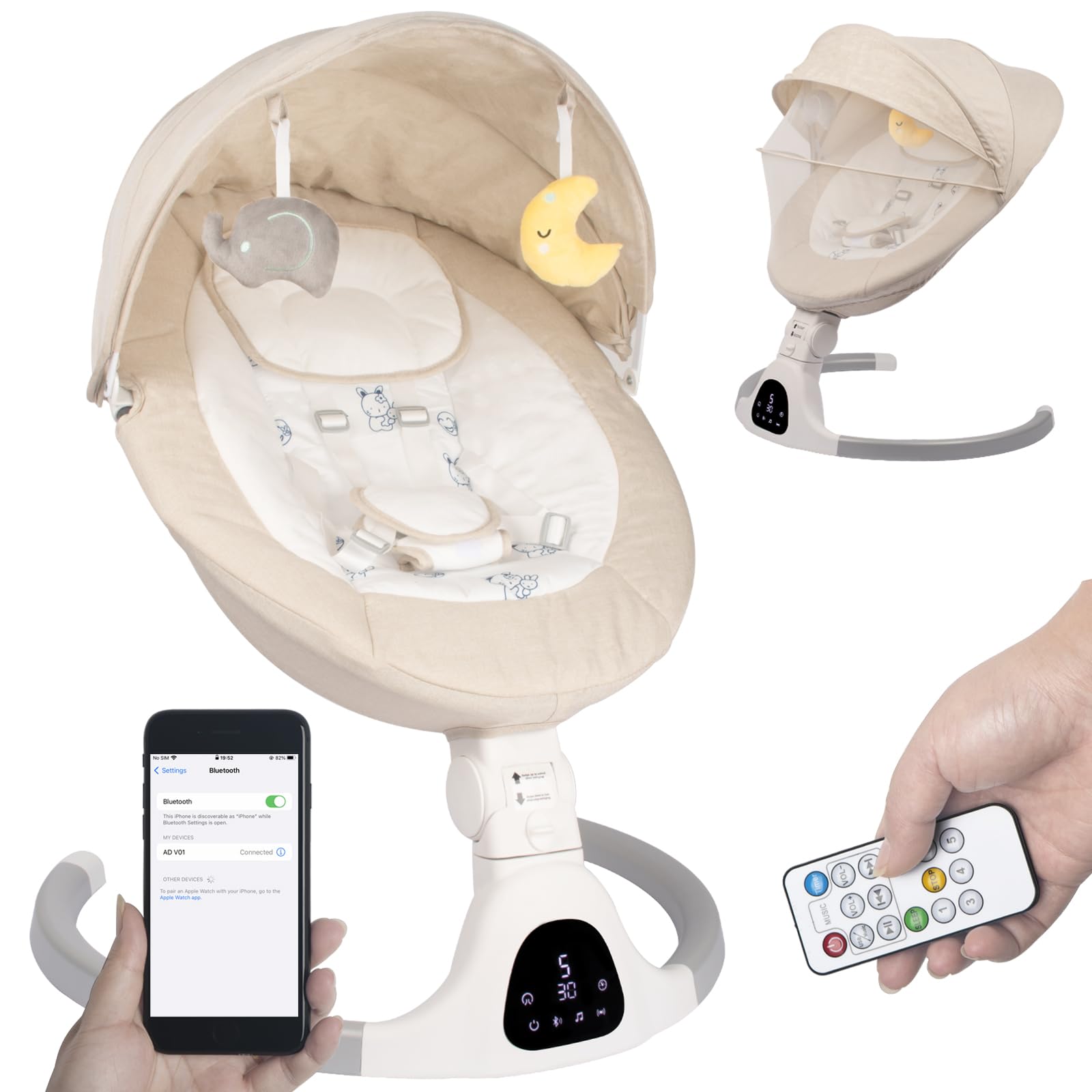 Portable Baby Swing for Infants & Toddlers - 5 Adjustable Speeds, Bluetooth Speaker, 10 Lullabies, Timer, Touch Screen & 5-Point Safety Harness (Ivory White) - Perfect for Nursery, Daycare & Travel