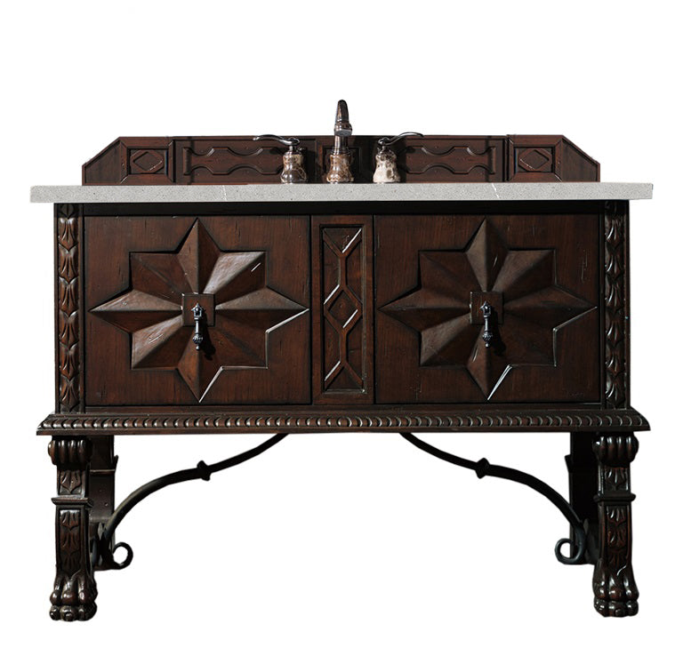 Balmoral 48 Inch Single Vanity Cabinet with 3CM Eternal Serena Quartz Top - Antique Walnut Finish for Bathroom Remodeling & Modern Home Decor